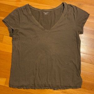 Urban Outfitters Striped Olive Green V-Neck Tee